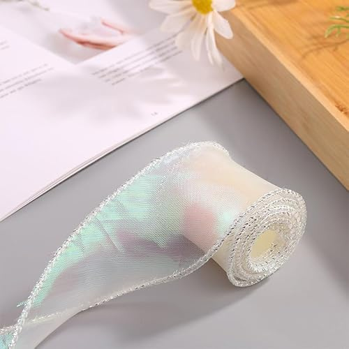 SYSUII 10 Yard Organza Bänder Geschenkband Schleifenband zum basteln Schimmer Sheer Seidenband Stoff Band Glitzer Dekoband für Weihnachten Geschenk Verpackung Party Hochzeit Dekoration -Beige