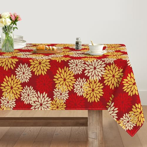 Artoid Mode Blumen Rot Gold Dahlien Herbst Tischdecke 140x220 cm, Saisonnal Fall Fleckschutz Tischwäsche Küche Dekoration Urlaub Party Dekor