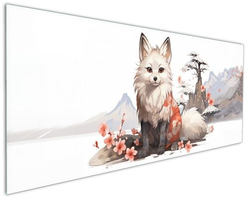 Wallario Küchenrückwand aus Glas 125 x 50 cm, Motiv: Fuchs mit Kirschblüten | Spritzschutz abwischbar & pflegeleicht