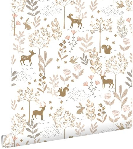papier peint forêt avec des animaux de la forêt rose terracotta et beige 53 cm x 10.05 m - ESTAhome