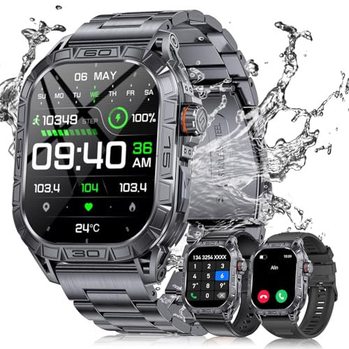 LIGE Montre Connectée Homme Militaire (3 Bracelets), 1,96 HD AMOLED Montre Sport, Smartwatch avec 100+ Modes Sportifs/Étanchéité IP68/Fréquence Cardiaque, Montre Noire Compatible avec iOS et Android