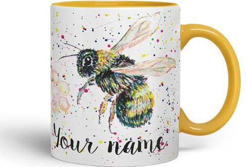 Vixar Personalised Mug with Your Text Name Bees bee Honeycomb Animals Watercolour Art Coloured Ceramic Mug Cup Gift 330ml 11oz Custom Work Office Tea Coffee (G Yellow)