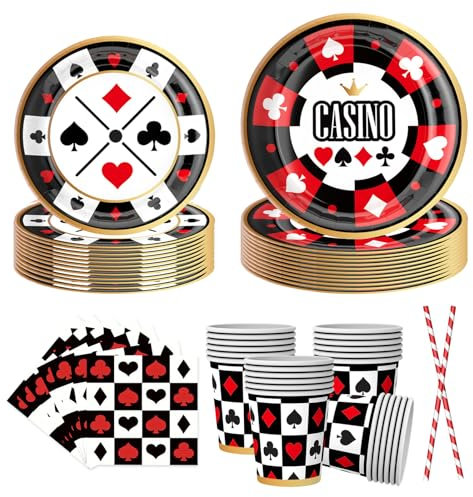 EVYIENEN Lot de 50 assiettes de fête casino - Assiettes de fête - Serviettes de table - Pailles en papier pour 10 invités - Décorations de fête d'anniversaire