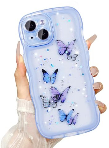 UEEBAI Wave Case for iPhone 13, Cute Bling Butterfly Case for Girl Women, Pretty Glitter Sparkle Stars, Clear Curvy Protective Shockproof Bumper Phone Cover - Blue
