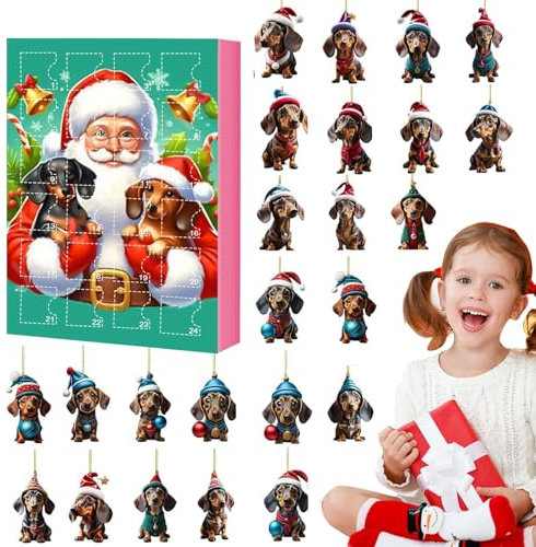 Adventskalender für Hunde, Dackel Adventskalender 2024, Countdown-Kalender für Welpenanhänger 24 Tage | 2D Ornament Adventskalender 2024, Weihnachtshund zum Kleben