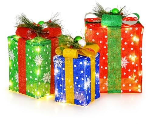 SOARS 3er Set LED Geschenkbox, Weihnachtenboxen mit 52 warmweißen LEDs, Weihnachtsdeko Weihnachtsdekoration mit Schleifen & Weihnachtskugeln, Weihnachtsbeleuchtung für Innen & Außen