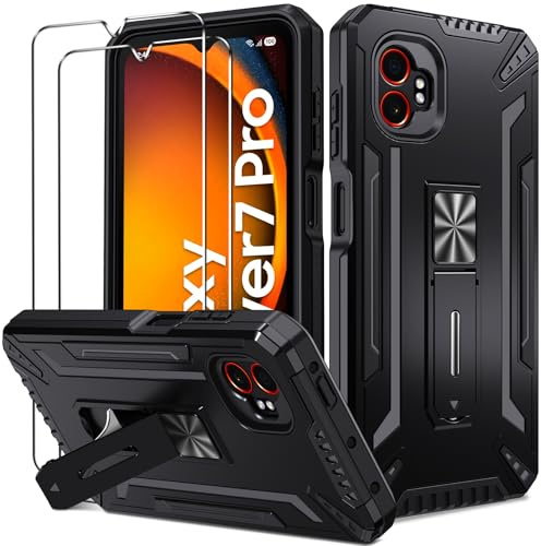 iVoler Hülle für Samsung Galaxy Xcover 7 Pro mit Ständer und 2 Stück Panzer Schutz Glas, [Kameraschutz] [Militärischer] Stoßfest Handyhülle Kratzfest Schutzhülle Anti-Fingerabdruck Case Cover, Schwarz