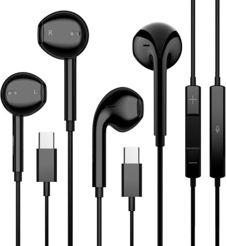 JYCHEYI Lot de 2 écouteurs filaires USB C noirs pour iPhone Série 15, iPad Pro Air 5/4/Mini 6/iPad 10e génération - Écouteurs de type C pour MacBook Pro/Air, microphone de contrôle, volume, musique
