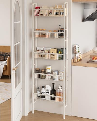 UMDONX Schmales Badezimmerregal, Wandregal für die Küche, 5-stufiges Leiterregal, Bücherregal, multifunktionales Metallregal für Enge Räume(Creme