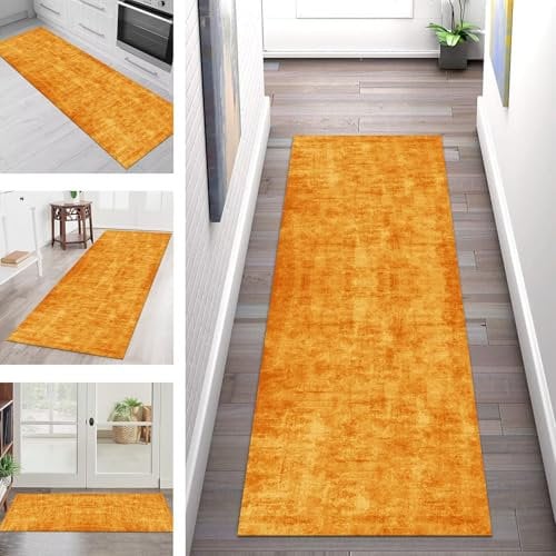 Teppich Läufer Flur Küche rutschfest Waschbar Teppichläufer Flur Orange 60X180CM Modern Teppichläufer Fußmatte Polyester Anpassbar für Vorzimmer Eingangsbereich Schlafzimmer Wohnzimmer Küche