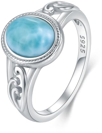 BETHZA Natürlicher Larimar-Ring 925er-Sterlingsilber oval blauer Larimar-Edelstein Sommerschmuck Strandschmuck für Damen