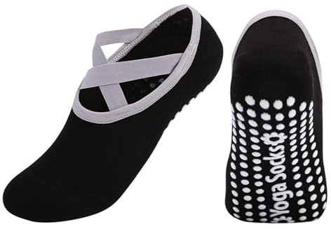 Generisch Yoga-Socken für Damen, rutschfeste Griffe und Riemen, ideal für Ballett, Tanz, Barfußtraining Weiße Kurze Socken Damen 39-42 (Black, One Size)