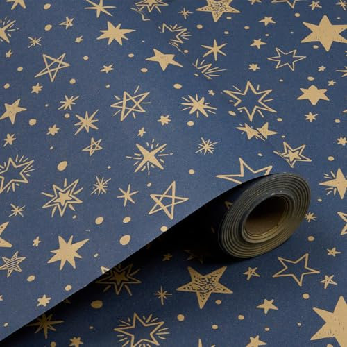 Rouleau de papier cadeau d'anniversaire 43 cm x 15 m, papier kraft bleu recyclable à étoiles, idéal pour les mariages, Noël, les anniversaires et les décorations de fêtes