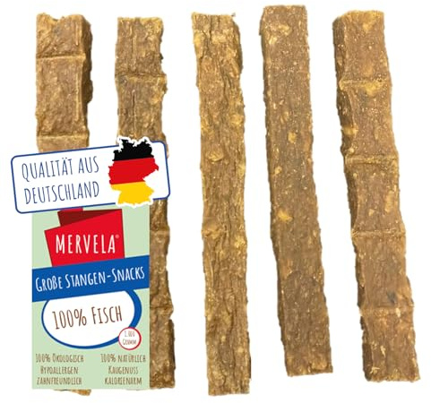 MERVELA® Fisch Kausticks, 1 KG [Qualität aus Deutschland] für Allergiker Sensitive Hunde, Belohnung, Trainingssnack, getreidefrei, Hundesnack, hypoallergen, Hunde Leckerli, Proteinreicher Kausnack