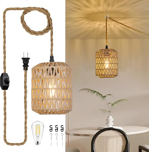 ALAISLYC Plug in Pendant Light with 6W LED Bulb Warm Light(3000K) Dimmable Switch Cute Rattan Hanging Lamp Cord 15ft Hand Woven Plug in Chandelier Boho Hanging Lights Fixture for Bedroom Kitchen