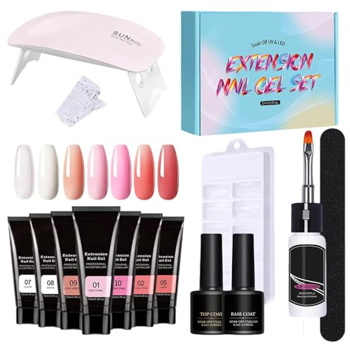 Poly Nail Gel Kit, Poly Nail Kit, Extension Gel Set, Nail Kit with UV Light, 7 Colours Toenail Art, Nude Thickening Solution for Toes & Girls