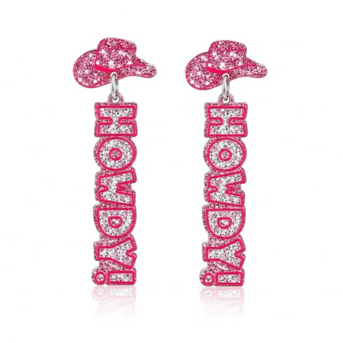 Niedlicher Rosa Glitzer HOWDY Ohrringe Acryl Funkelnder Anhänger Western Cowgirl Country Schmuck Geschenke