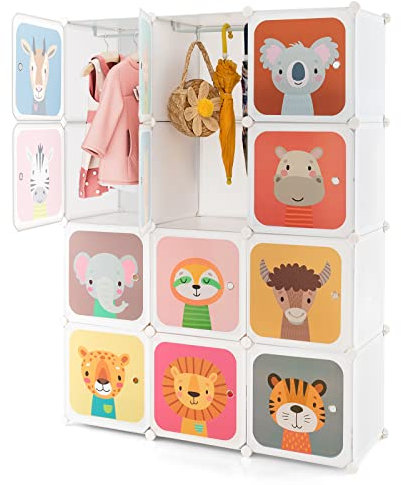 COSTWAY Kleiderschrank Kinder, Regalsystem aus Kunststoff mit 12 Würfeln, Kinderregal erweiterbar mit Türen & 2 Aufhänger, Aufbewahrungsschrank Steckregal für Kinderzimmer, Spielzimmer (Weiß)