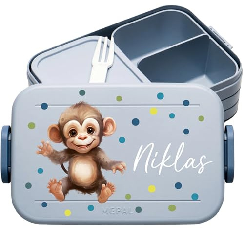 4youDesign | Personalisierte Kinder Brotdose Midi Blau mit Namen - Lunchbox Affe Motiv für Kindergarten & Schule - Brotzeitdose Mädchen Junge