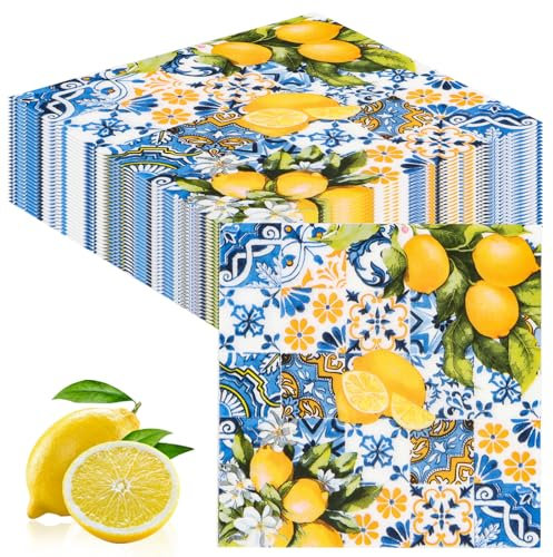 Yooyan 40 Stück Fliesen Zitronen Papier, Servietten Zitronenmotiv 33x33cm, Einmalige Servietten für Geburtstage, Partys, Hochzeiten, Kommunion und Feiern, Tischdekoration