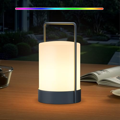 RWWR LED Outdoor Lampe Akku Tischlampe Kabellos Metallgerüst, Wetterfest IP44, Dimmbar, 8-10H Akku, Tragbar Warmweiß und RGB USB-C Aufladung für Terrasse Esstisch Garten Balkon Camping