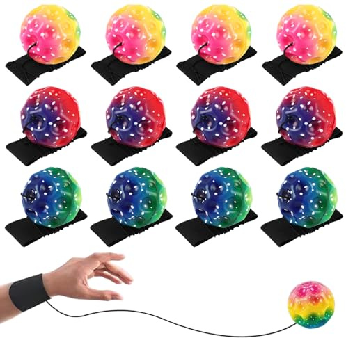 CYEER 12er Set Handgelenk- Bälle mit Schnur – 6,3cm Bunte Springbälle mit verstellbarem Armband – Ideale Mitgebsel für Kindergeburtstag, Koordinationstraining & Stressabbau – Regenbogen-Design