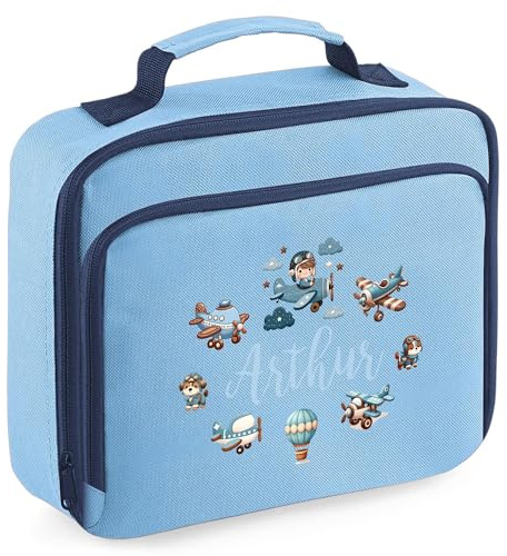 Purple Print House Boys Aviation Custom Lunch Bag with Planes Design Personalised Name Back to School Nursery Lunchbox for Kids Infants, 24cm x 20cm x 8cm, Sky Blue