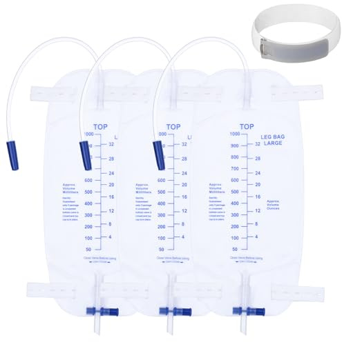 3pcs 1000ML Urinary Drainage Bag, Urine Bag Leg Bags with Anti Reflux Chamber, Urine Bag Individually Sealed, Urine Drainage Bags with T-Tap Valve and 30cm Tube