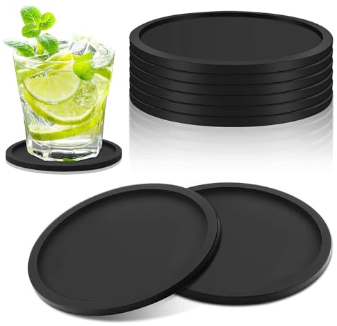 Funalix Lot de 10 dessous de verre en silicone antidérapants et résistants à la chaleur avec bord pour boissons, tasses et verres – Noir (10 pièces)