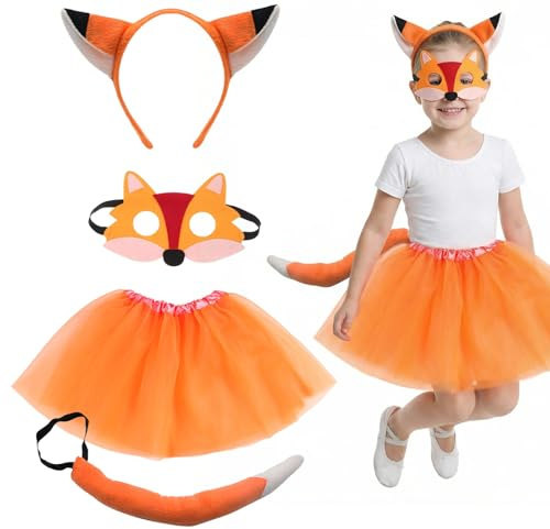 MLPKOI Animale Fox Costume Set, con Fox Fascia Coda di Volpe Volpe Maschera Gonna Arancione per Carnevale, Halloween, Compleanno Festa a Tema Cosplay