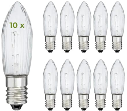 Erzwelt - Riffelkerzen 55V 3W E10 (10 Stück) – Ersatzkerzen für Schwibbogen & Lichterkette – Weihnachtsbeleuchtung Ersatzbirnen (ø 10 mm) mit Glühfaden – universelle Topkerzen