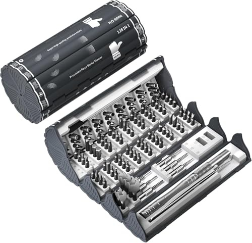 Kit de Destornilladores de Precisión Magnéticos Profesionales 128 en 1, Juego de Reparación Portátil con Acero Aleado S2, Tapa Giratoria 360°, Varilla de Extensión, Diseño Antidesliz