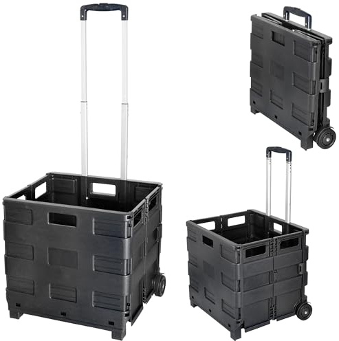 Klappbox Trolley | schwarz 42x40x37cm Kunststoff Aluminium | Klappkiste belastbar bis 20 Kg | Transportbox klappbar Teleskopgriff perfekt für den Einkauf
