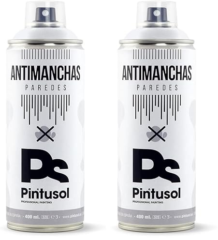 PINTUSOL Pack x2 Pintura Antimanchas Paredes en Spray, Acrílica Blanca Alta Opacidad, Cubre Manchas Antihumedad Antimoho, Fácil Aplicación, Pintura Profesional Anti Manchas Pared Espray 400ml