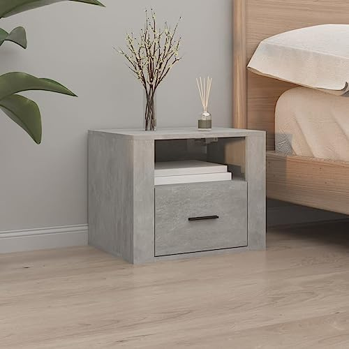 Bucmath Table de Chevet Murale Gris béton 50 x 36 x 40 cm, Bois d ingénierie, Rangement Flottant pour Chambre, guéridon, Console, Nuit et entrée