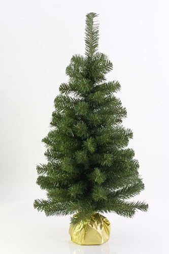 artplants.de Mini Weihnachtsbaum WARSCHAU, grün, Gold, 90cm, Ø 50cm - Künstliche Tanne