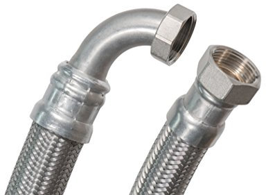 SFX® Panzerschlauch 150cm DN32-1.1/4 Zoll ÜM x 1.1/4 Zoll ÜM mit 90 Grad Bogen Edelstahl Umflechtung Trinkwasser Flexschlauch 1500mm