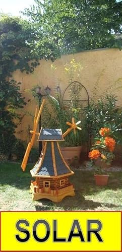 Windmühle Solar Premium XL Holz massiv, wetterfest,robust mit Bitumen, MIT WINDFAHNE Windrad-Seitenruder, Windmühlen Garten, imprägniert + kugelgelagert 1 m groß blau blaugrau hell grau hellgrau anth