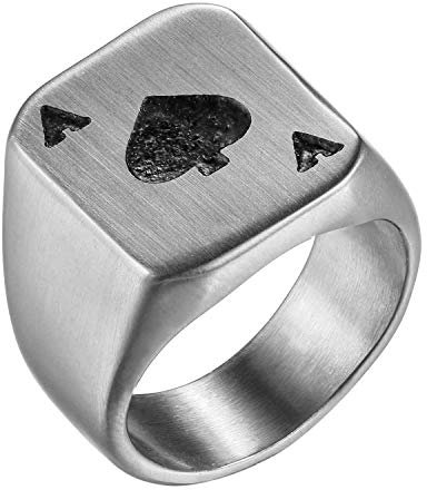 Flongo Herrenring Männer Ring Daumenring, Edelstahl Ring Bandring Siegel Ringe Biker Silber Spielkarte Pik A Spades A Poker Karten Herren-Accessoires Größe 74