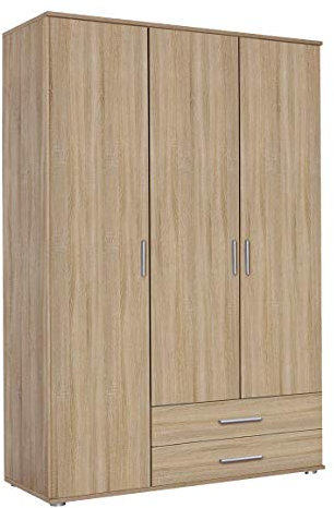Rauch Möbel Rasant, Schrank Drehtürenschrank inklusive 2 Schubladen, 3-türig, Zubehörpaket Basic 3 Einlegeböden, 1 Kleiderstange, Eiche Sonoma, Holz, 52 x 127 x 188 cm