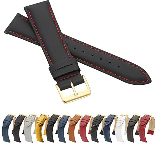 MARCHEL Glattleder 20 mm Schwarz-Rot XL LLB-115 Extra Lang Gold Lederarmband Echtleder Uhrenarmband Uhrband Rindsleder Feines Leder Uhr Band
