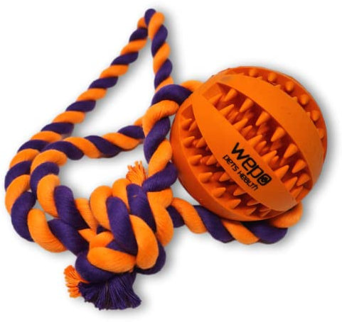 WEPO Ball mit Schnur Hund Orange Ø7cm - Spielzeug für große Hunde - Zahnpflege Hund - Zergel Hundespielzeug - Dog Toy gegen Langeweile für Spielspaß - Strick Orange/Lila