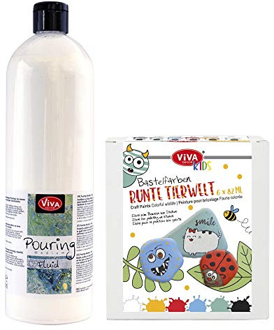 Pouring Acrylfarben Set (Bunte Tierwelt + 1 Liter Pouring Medium Fluid Acryl) für Leinwand & Staffelei. Geeignet als Gieß-Farbe für Puddle-Pouring Dirty-Pouring Flip Cup. Gieß-Farbe, Pouring-Farbe