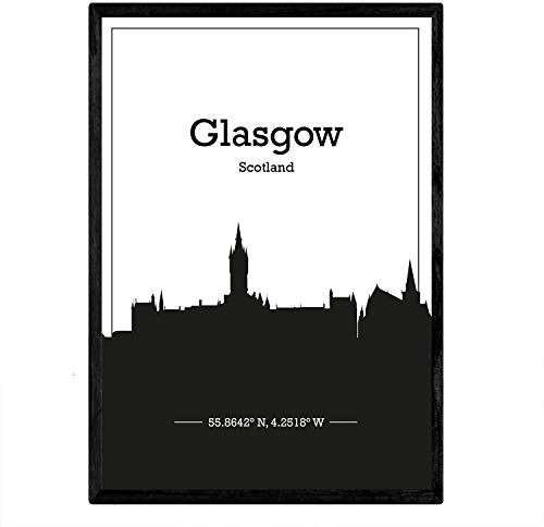 Nacnic Poster mit Karte von Glasgow - Schottland. Skyline Blätter mit Städten in Europa mit schwarzen Schatten. A3