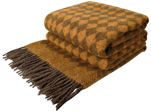 LYHome Wolldecke 100% Schurwolle - Warm Winterdecke Couchdecke Sofadecke, Kuscheldecke Tagesdecke Überwurfdecke, Winter Decke Sofa, Warme Decken Couch (140x200 cm, Senf - Braun Skandinavische Rauten)