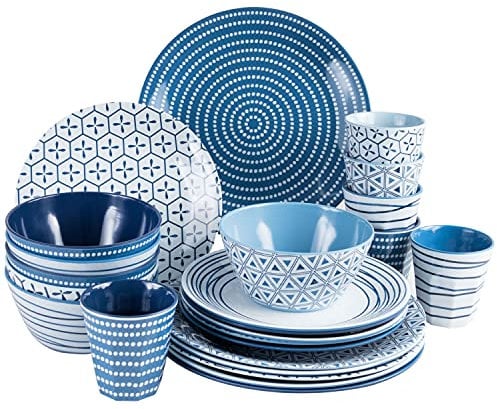 Melamin Campinggeschirr für 6 Personen 24 Teile - blau weiß - Geschirrset - Camping Geschirr