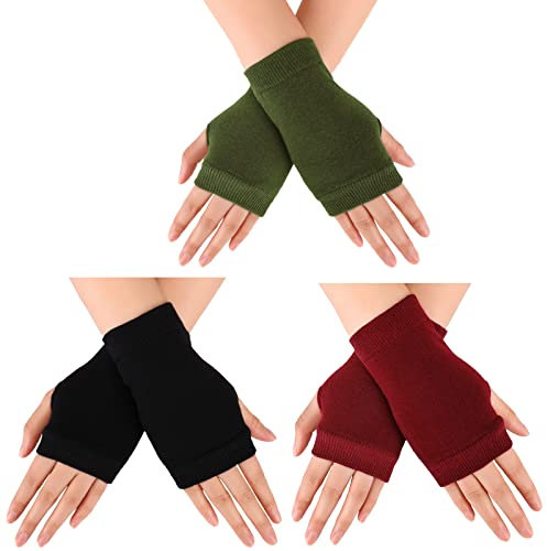 Geyoga 3 Paar Fingerlose Handschuhe mit Daumenloch Halbfinger Stricken Fäustlinge für Männer Frauen (Schwarz, Weinrot, Armeegrün)