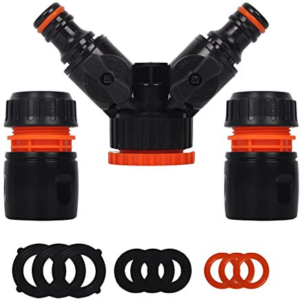 Dual Tap 2 Way Tap Connector with 2 Quick Hose Ends, Garden Hose Splitter, Outdoor Y Valve, On/Off Valves