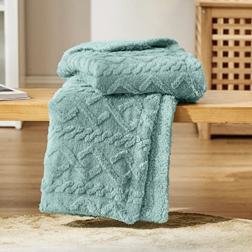 Bedsure Sherpa Fleece Throw Blanket - Super Soft, Cozy & Warm Jacquard Sofa Throw, Ideal for Bed & Couch, Double/Twin, Light Green, 150x200cm