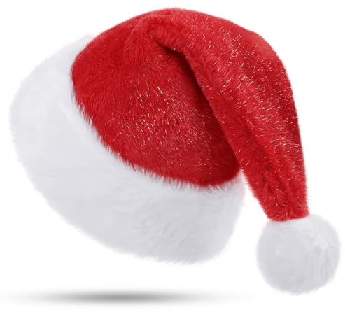 KONVINIT Weihnachtsmütze Nikolausmütze Erwachsene GlitzerRot Weihnachtsmann Mütze Plüsch Rand Santa Mütze Weihnachtshut für Herren und Damen,rot